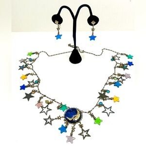Rare vintage Set Blue Man in the Moon and Stars Crystal Charm Necklace